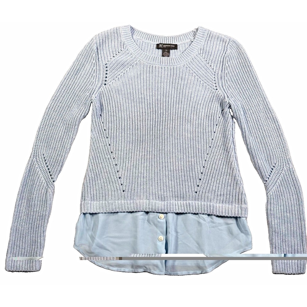 INC International Concepts Sweater Womens PS Petite Blue Layered Chiffon Hem
